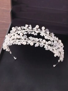 1入組珍珠雙排頭箍，附加皇冠裝飾，優雅浪漫發飾，適用於婚禮、派對和表演，即插即用 - A - 查看 1