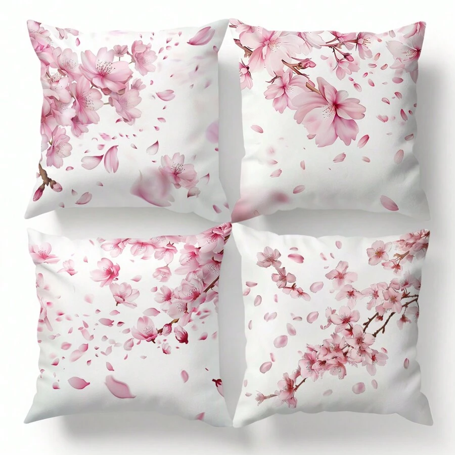 4pcs Cherry Blossom Illustration Bedding Set, Single-Sided Printed Pillowcase 45*45cm