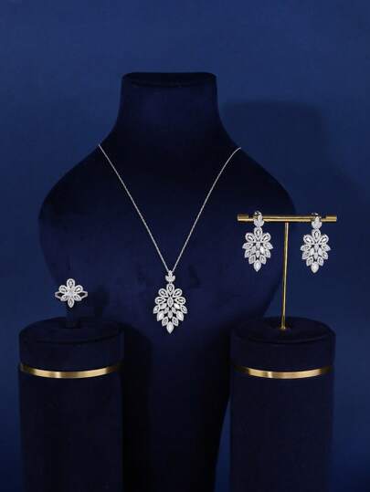 Bộ trang sức vỏ Zirconia màu đồng thời trang 4 món, thích hợp làm quà tặng, trang phục hàng ngày và ngày lễ cho phụ nữ