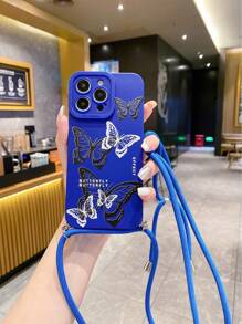 1pc Butterfly Pattern Phone Case With Diagonal Jute Rope Lanyard, Compatible With IPhone - Blue - View 2