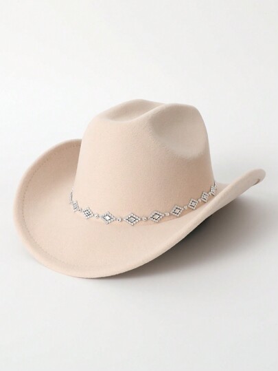 1pc Women Solid Color Diamond-Shaped Glitter Decoration Western Cowboy Hat, Unisex Elegant Casual Jazz Hat For Daily Use