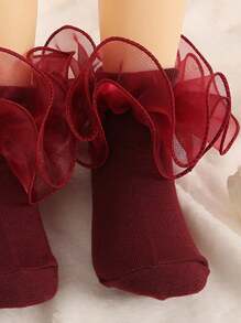 1 双女婴蕾丝边 3D 蕾丝公主舞袜 - 酒紅色 - 查看 4