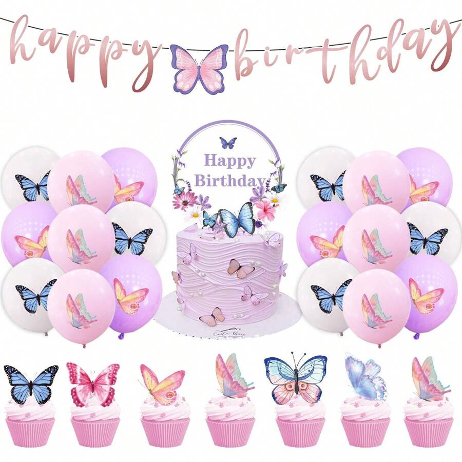 Exquisite Purple Butterfly Themed Birthday Party Decorations, Including Cake Toppers, Paper Plates, Napkins, Cups, Etc, Suitable For Birthday Party Decorations - Purple - View 1