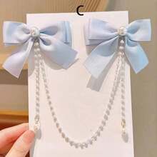 1 pieza de clip de pelo de cadena de perlas de moda con diamantes de imitación y moño para niñas - C - Ver 10