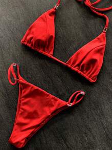 Beachwear Bikini Suit Suspender Triangle Bra Top And Tie Side Bikini Bottom 2 Pieces Swimwear Summer - Red - View 5
