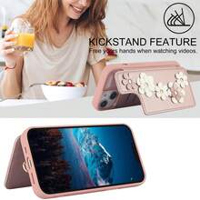 时尚手提包 PU 皮革手机壳适用于 15 14 13 12 11 Pro XS Max XR 7 Plus 8 Plus SE 带印花花朵短挂绳信用卡夹翻盖磁扣防震保护套 - 玫瑰金 - 查看 12