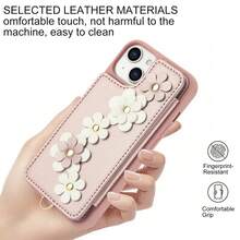 时尚手提包 PU 皮革手机壳适用于 15 14 13 12 11 Pro XS Max XR 7 Plus 8 Plus SE 带印花花朵短挂绳信用卡夹翻盖磁扣防震保护套 - 玫瑰金 - 查看 10