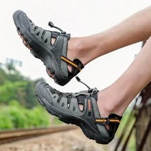 Men\ Outdoor Breathable Hiking Sandals Closed Toe Water Shoes Anti-Odor Anti-Slip Summer Genuine Leather Beach Shoes - Army Green - View 8