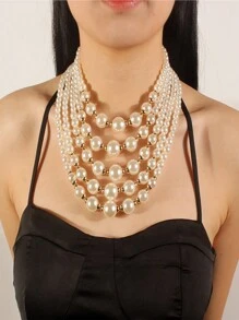 Set de 1 collar largo de perlas y 1 pieza de aretes - Blanco - Ver 1