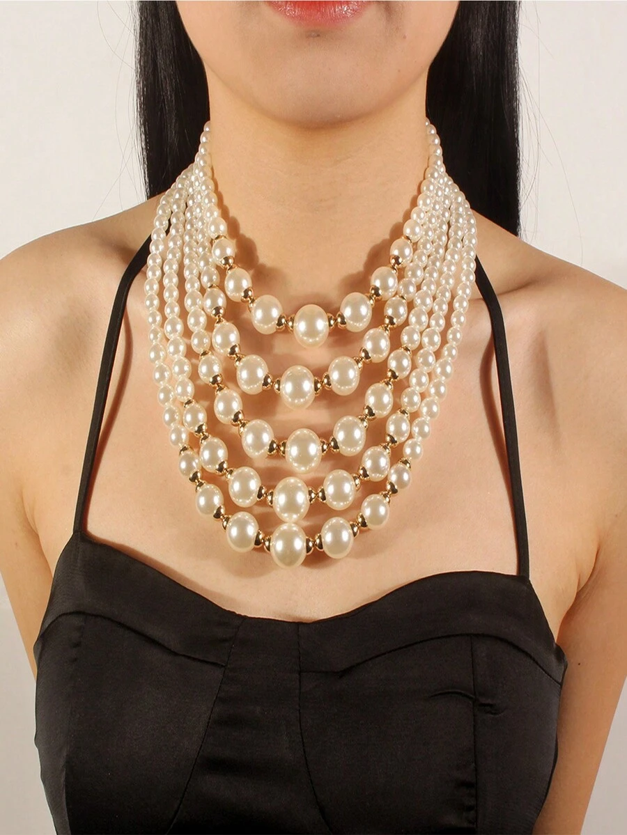 Set de 1 collar largo de perlas y 1 pieza de aretes - Blanco - Ver 1