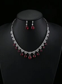 1套3入組豪華珠寶風格鋯石婚禮項鍊和耳環套裝，適用於新娘裝飾配件 - 豪華套裝 - 查看 11