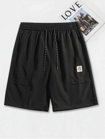 1 件男友风格男士抽绳口袋装饰标签纯色短裤，适合夏季运动、休闲和日常穿着