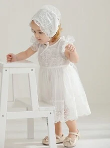 嬰兒女童白色蕾絲洗禮裙配小碎蕊裙,包含一頂相配帽子 - 白色 - 查看 3