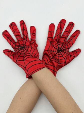 1 Pair Spider Web Pattern Spandex Cosplay Gloves, 2 Sizes Available - Adult Size And Size For 7-10 Years Old