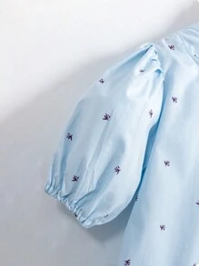 年輕女孩2024新款夏季復古寬鬆燈籠袖花卉印花連衣裙 - 藍色 - 查看 5