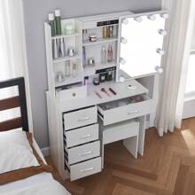 Special Offer Products Large Vanity Set With Power Outlet ,Lighted Mirror Makeup Dressing Table Desk ,6 Drawers With Stool And Drawers USB Port + 2 Plug, Stool Set - One Size - Without USB - View 3