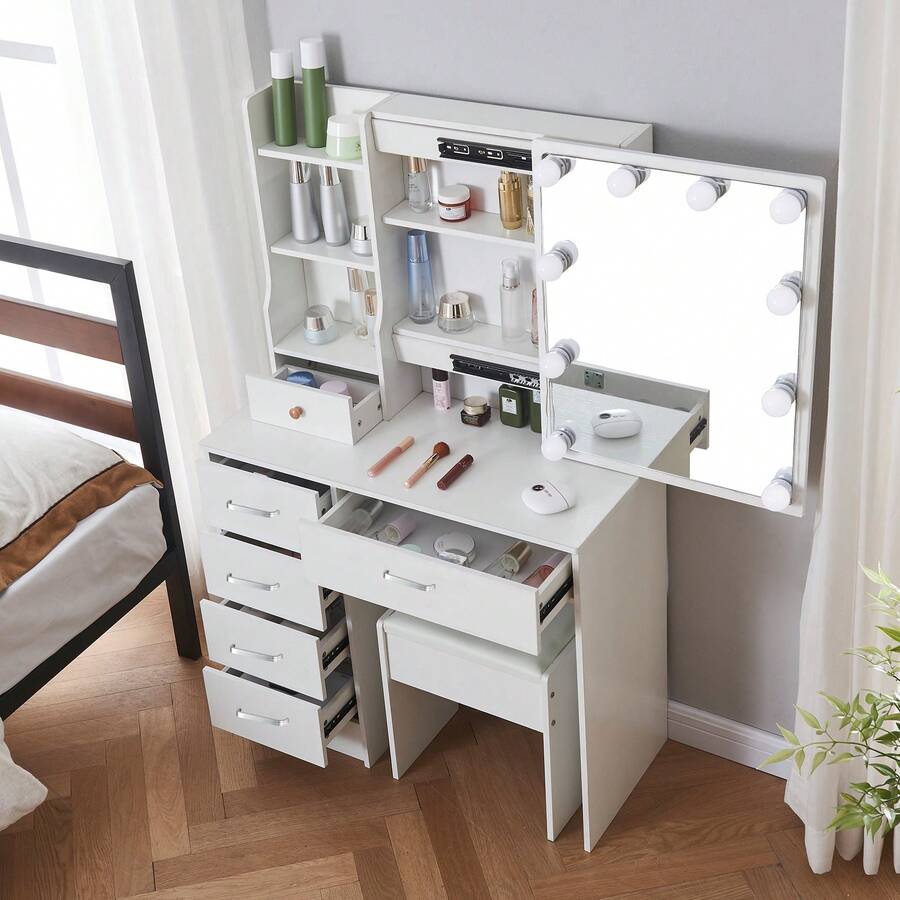 Special Offer Products Large Vanity Set With Power Outlet ,Lighted Mirror Makeup Dressing Table Desk ,6 Drawers With Stool And Drawers USB Port + 2 Plug, Stool Set - One Size - Without USB - View 1
