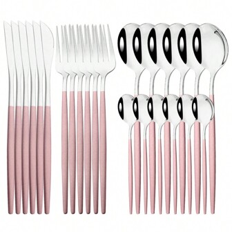 Pink Handle Silver Stainless Steel Cutlery Set, Kitchen, Christmas Gift,School Supplies
