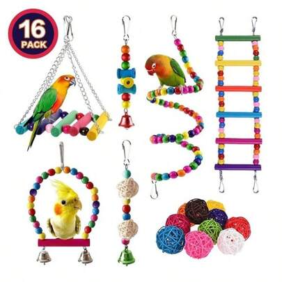 Set de juguetes para aves de 16 piezas con columpio, cuerdas de escalada, posadero en espiral, escalera, hamaca y juguetes masticables para loros