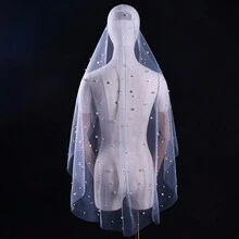 Affordable Bridal Wedding Veil, Short Length With Pencil Edge & Pearls, 1pc Fall Clothes For Women - Multicolor - View 13