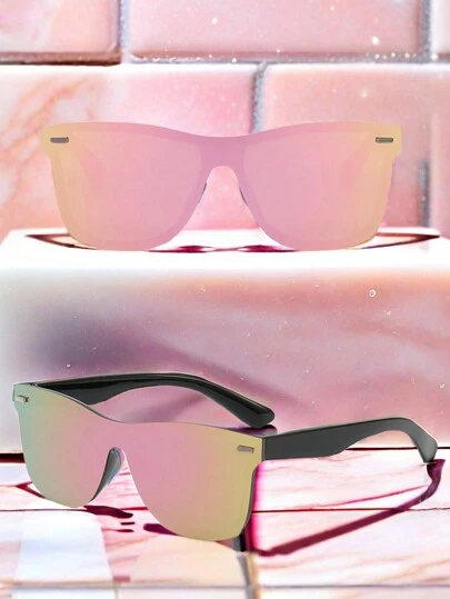 1 pieza Gafas de moda sin marco estilo Y2K, gafas de moda de ojo de gato minimalistas, ligeras, decorativas para fiestas, color rosa/negro/azul/verde, lentes multicapa con decoración de remache metálico rectangular para verano, playa, vacaciones, al aire libre, viajes