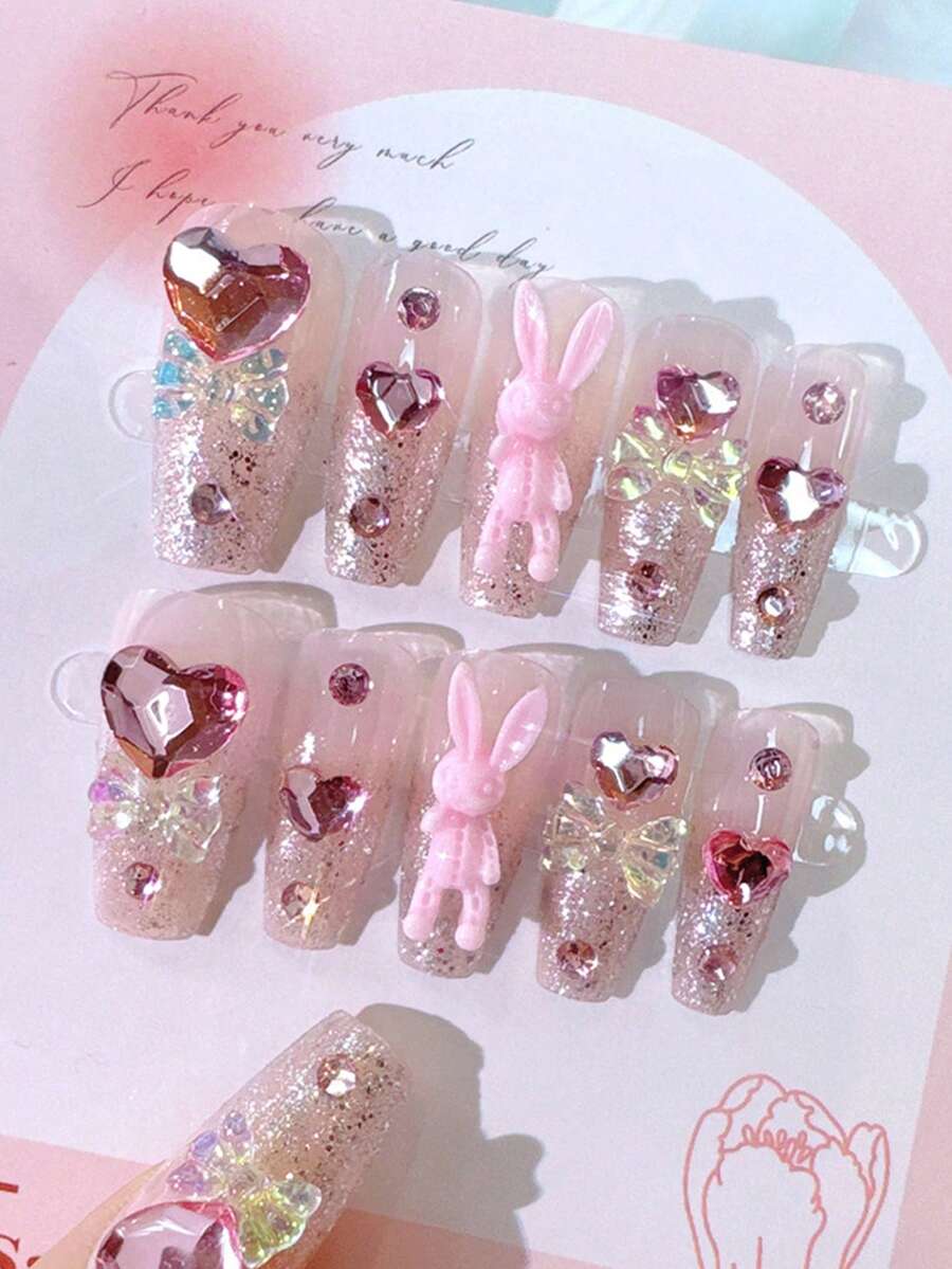 Sanrio 24入組長型淺粉色兔子、極光、蝴蝶結、愛心閃爍水晶Y2K芭蕾指甲套裝+1入組果凍軟糖+1入組指甲銼，壓貼式指甲，網美必備指甲小物