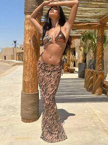 Bộ bikini in họa tiết gợi cảm cho nữ, 3 mảnh có dây buộc, đồ bơi đi biển mùa hè ngọt ngào - da báo - Xem 2