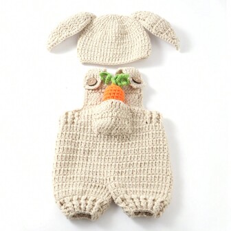 3pcs Newborn Crochet Cap + Overall Pants + Carrot Doll Set (Apricot), Perfect For Bathing/Photography/Birthday Gifts Or Souvenirsbaby Shower Family Decorations Gifts Baby Shower Easter Gift Sthings For Girls/Boys