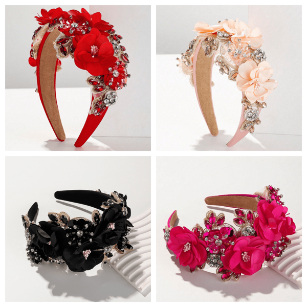 1 Peça Faixa de Cabeça Larga Barroca Boho com Imitação de Flores de Cálice Resistente, Pedras Brilhantes e Material de Tecido, Presente do Dia dos Namorados, Tiara, Faixas de Cabelo