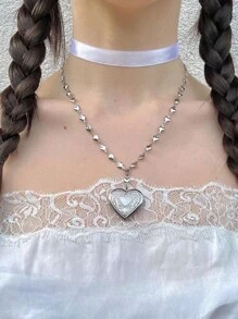 1 pieza Collar con colgante en forma de corazón y lazo, perla falsa, estilo gótico Kpop Harajuku, estética, para mujer y niña, Y2k, 2000s, EMO, vintage, punk, accesorios de joyería, regalo para San Valentín, mamá, madre, Día de la Madre