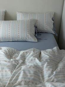 3pcs Korean Style Bowknot & Vintage Flower Pattern Bedding Set (1 Duvet Cover + 2 Pillowcases), Down Comforter Set Combination