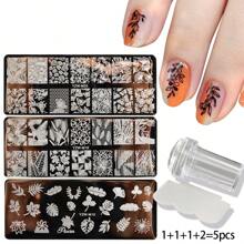 5pcs Nail Art Tool Set, Foil Stamping Rose Flower Leaf Butterfly Pattern Nail Decals, DIY Nail Art Stamping Plates, Stamper And Scraper, Nail Polish Transfer Printing, Suitable For Women - Multicolor - View 2