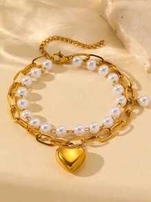 Aomogo 1 Stück französisches elegantes Armband aus Edelstahl mit doppellagigem Perlenherzanhänger, geeignet für den täglichen Gebrauch und Geschenke für Frauen. - Armband - Übersicht 4