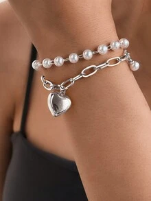 Aomogo 1 Stück französisches elegantes Armband aus Edelstahl mit doppellagigem Perlenherzanhänger, geeignet für den täglichen Gebrauch und Geschenke für Frauen. - Armband - Übersicht 10