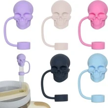 1pc/5PCS 3D Cute Skull Straw Cover Cap, 10mm Well Made Halloween Skull Shape Silicone Straw Cover Fit Straw Dust Proof Reusable Straw Topper