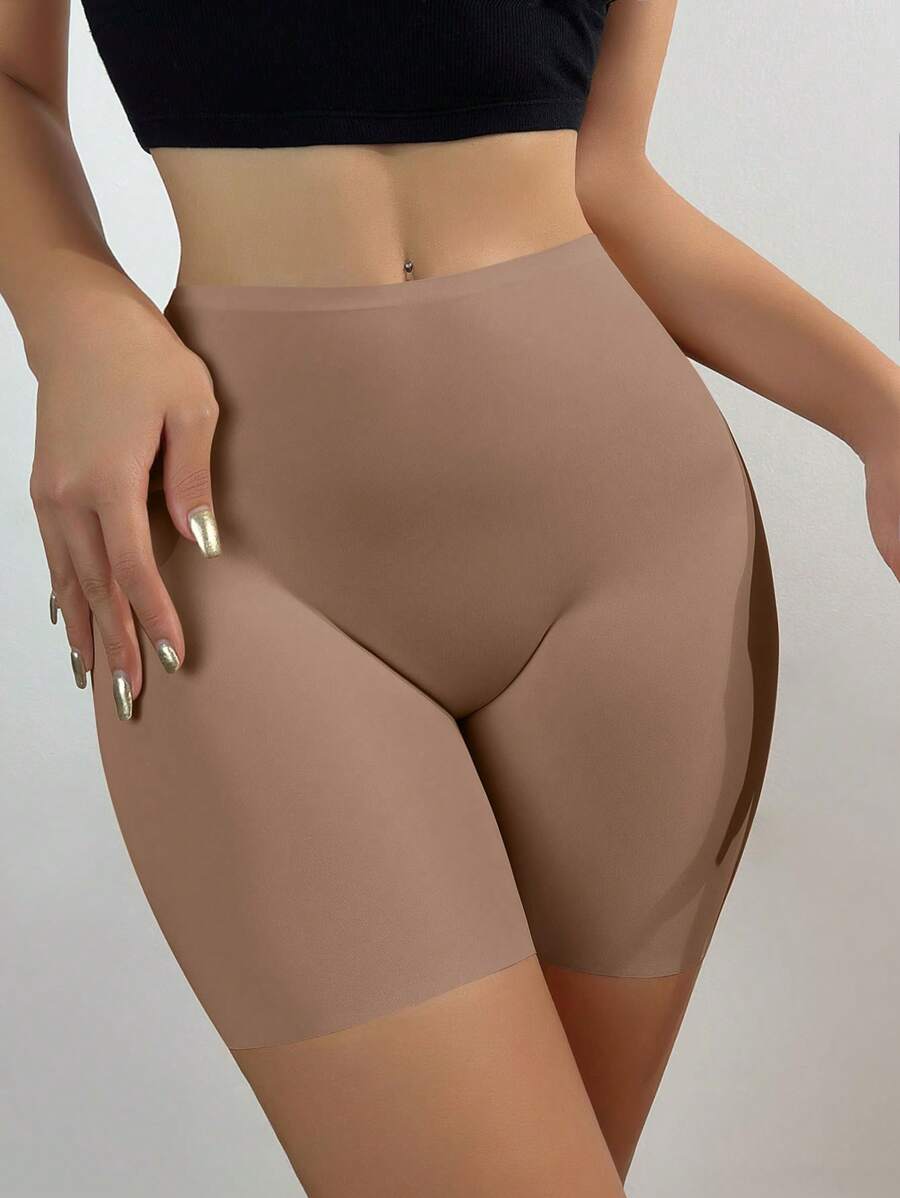 Seamless High Waist Square Leg Ice Silk Shorts Women Stretch Bottoms Anti-Chafing Butt Lift Tummy Control Underwear - Coffee Brown - View 1