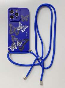 1pc Butterfly Pattern Phone Case With Diagonal Jute Rope Lanyard, Compatible With IPhone - Blue - View 5