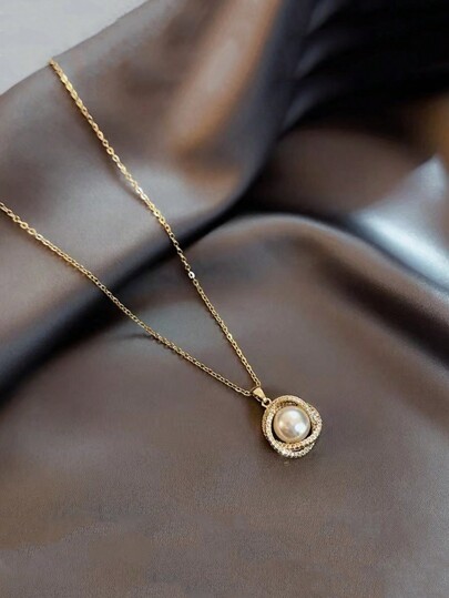 1pc Simple Faux Pearl & Rhinestone Inlaid Double-Layered Necklace Elegant Collarbone Chain