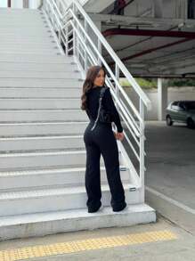 Conjunto WED BLusa Cropped Decote Manga Longa Calça