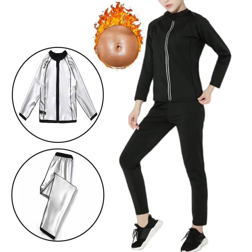 2 Pcs Sauna Suit Set Sweat Suit For Women Long Sleeve Zipper Shirt And Leggings For Comfort And Performance Workout Top Slimming Sauna Shirt Weight Loss Compression Fast Sweating Track Suit Gym Weightlifting Running Fitness Cycling Yoga Pilate