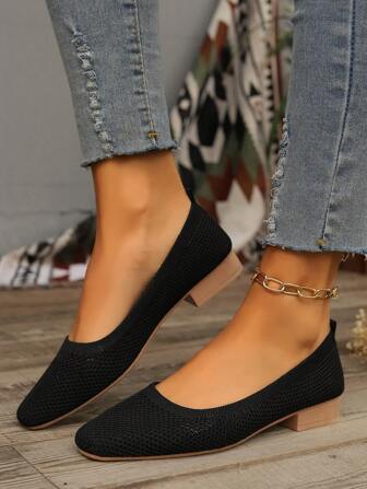 Damen Hohldurchbruch gestrickt quadratische Zehenkappe mittlerer Absatz niedrige Slip-On weich bequeme flache Schuhe