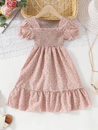 Young Girl European And American Style Casual Ditsy Floral Dress, Perfect For Parties, Holidays And Outings