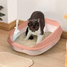 2pcs Plastic Half Enclosed Anti-Splashing Square Cat Litter Box/Litter Pan 1pc + Cat Litter Scoop 1pc (Random Color), Suitable For Small Cats