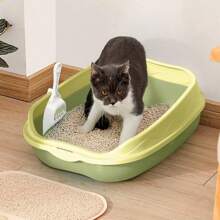 2pcs Plastic Half Enclosed Anti-Splashing Square Cat Litter Box/Litter Pan 1pc + Cat Litter Scoop 1pc (Random Color), Suitable For Small Cats