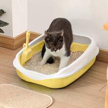 2pcs Plastic Half Enclosed Anti-Splashing Square Cat Litter Box/Litter Pan 1pc + Cat Litter Scoop 1pc (Random Color), Suitable For Small Cats