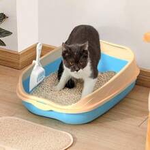 2pcs Plastic Half Enclosed Anti-Splashing Square Cat Litter Box/Litter Pan 1pc + Cat Litter Scoop 1pc (Random Color), Suitable For Small Cats