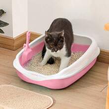 2pcs Plastic Half Enclosed Anti-Splashing Square Cat Litter Box/Litter Pan 1pc + Cat Litter Scoop 1pc (Random Color), Suitable For Small Cats