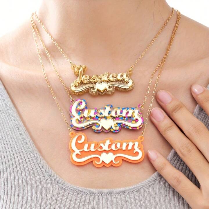Custom Acrylic Name Necklace Double Color With Sliver Heart. Large Size Personalized Nameplate Necklace With Chain Name Necklace Customize Nameplate Necklace Funny Gift Fashion Chain Name Necklace Sur...