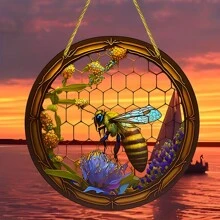 1入組2D蜜蜂圖案有機玻璃掛窗裝飾，藝術品為花園和家，是新居入住和感恩節的完美表達，適用於所有場合的精美裝飾！