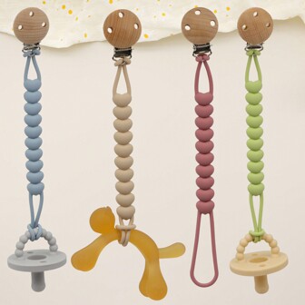 1/4 Piece Silicone Pacifier Chain With Wooden Clip, Adjustable Baby Toy Teether Strap, Textured And Stretchable, Suitable For Baby Boys And Girls, Also Suitable For High Chairs, Hanging Baskets, Cribs, Car Seats, Soft Flexible And Easy To Place.